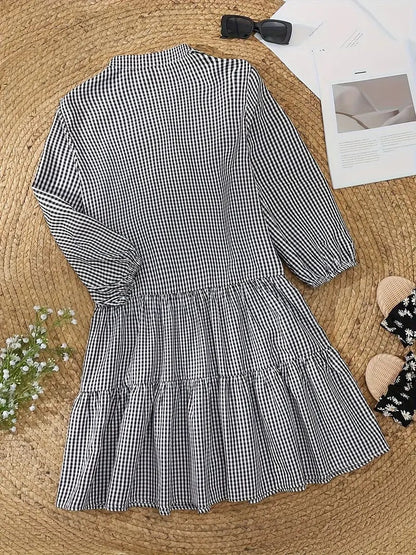 Women's Gingham Print Mini Dress with Button-Down Front and 3/4 Sleeves