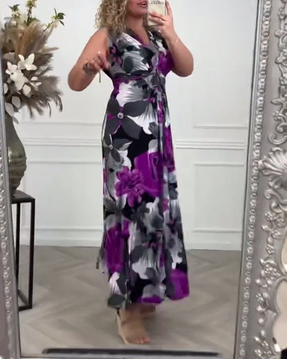 Women’s Purple Black Floral Maxi Dress – V-Neck Tie Front Cinched Waist Elegant Dress