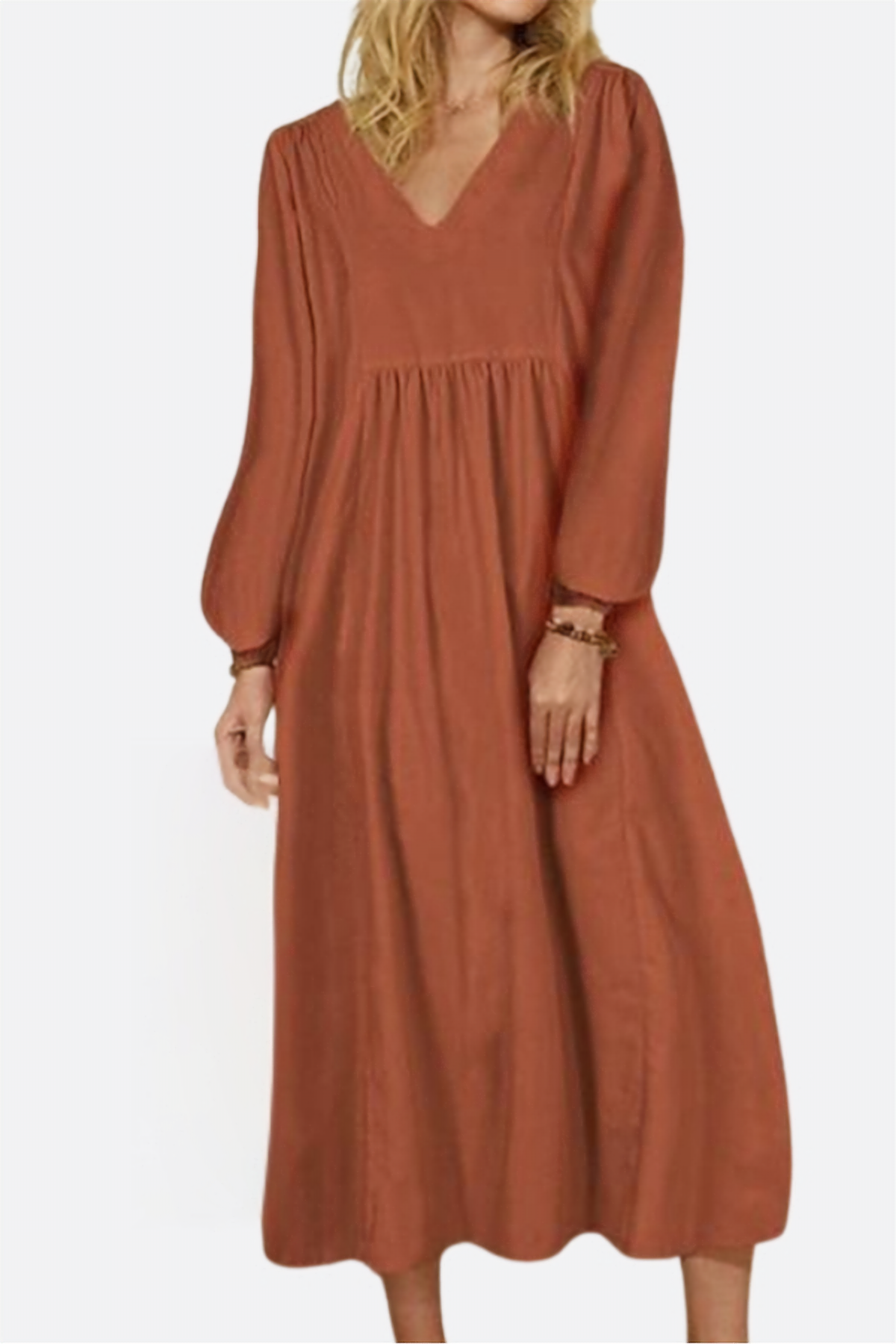 Women's V-Neck Midi Dress with Smocked Waist and Balloon Sleeves