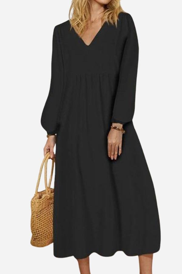 Women's V-Neck Midi Dress with Smocked Waist and Balloon Sleeves