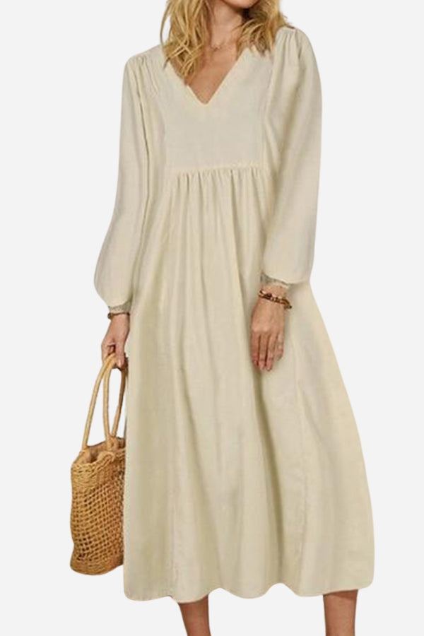 Women's V-Neck Midi Dress with Smocked Waist and Balloon Sleeves