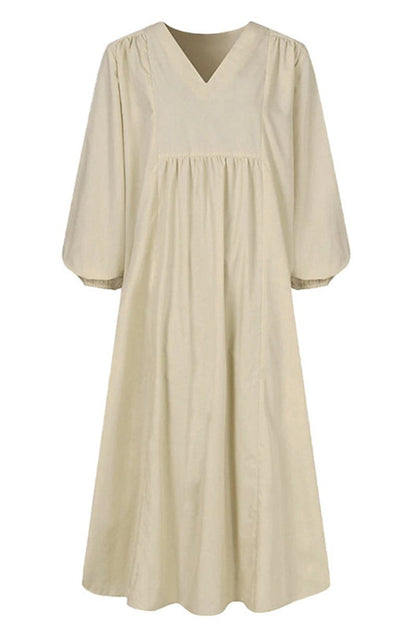 Women's V-Neck Midi Dress with Smocked Waist and Balloon Sleeves