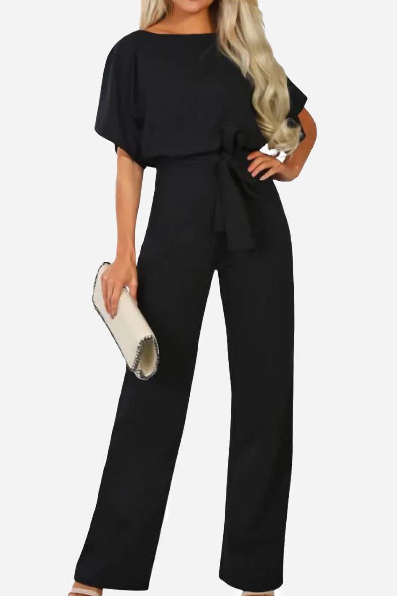 Women's Wide-Leg Jumpsuit with Belt and Batwing Sleeves