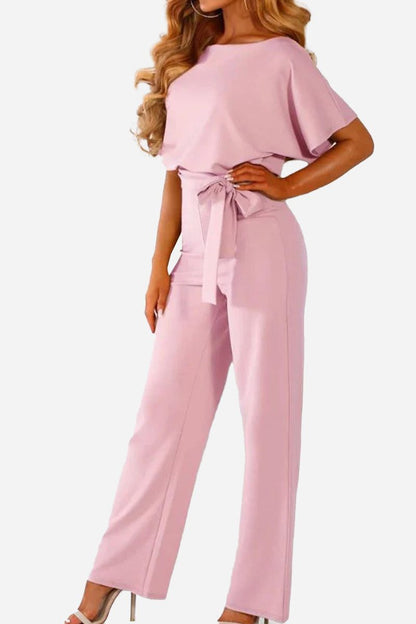 Women's Wide-Leg Jumpsuit with Belt and Batwing Sleeves