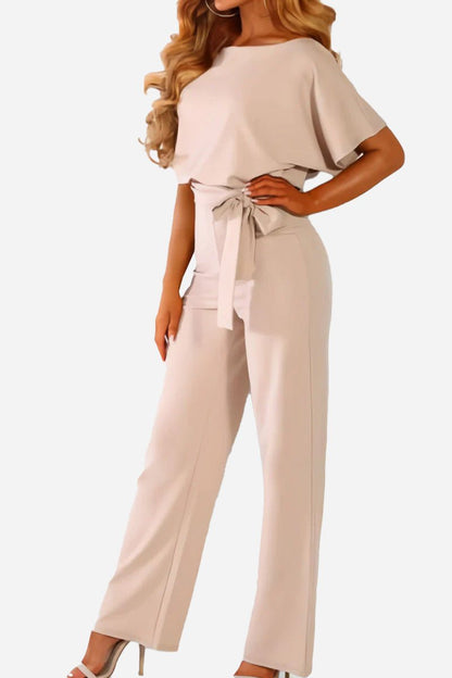 Women's Wide-Leg Jumpsuit with Belt and Batwing Sleeves