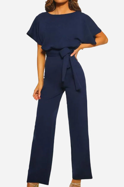 Women's Wide-Leg Jumpsuit with Belt and Batwing Sleeves