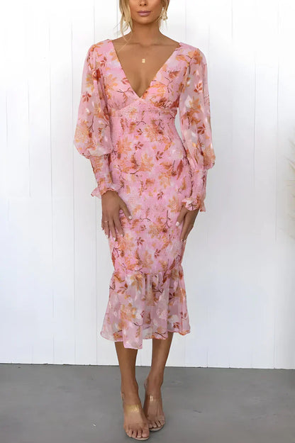 Women's Evening Dress with Floral Print and Draped Design