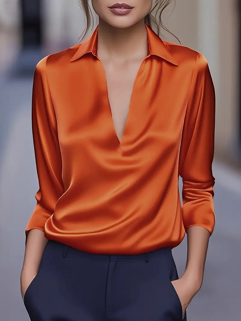 Women's V-Neck Blouse with Satin Finish and Elegant Design