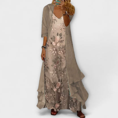 Presley | Floral Maxi Dress with Longline Cardigan and Matching Belt
