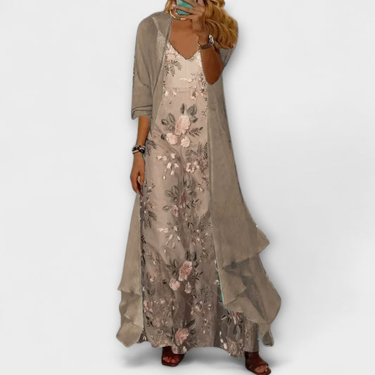 Presley | Floral Maxi Dress with Longline Cardigan and Matching Belt