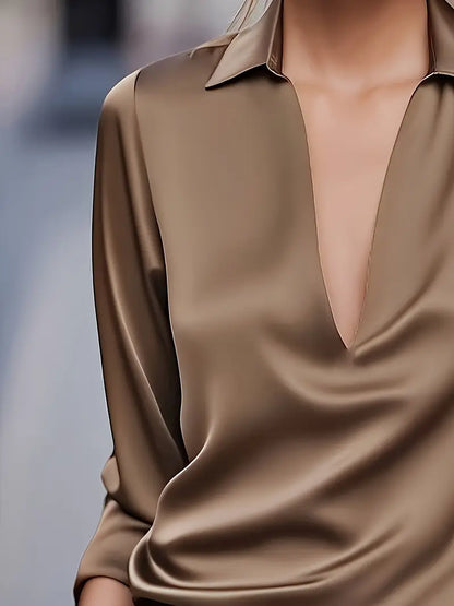 Women's V-Neck Blouse with Satin Finish and Elegant Design
