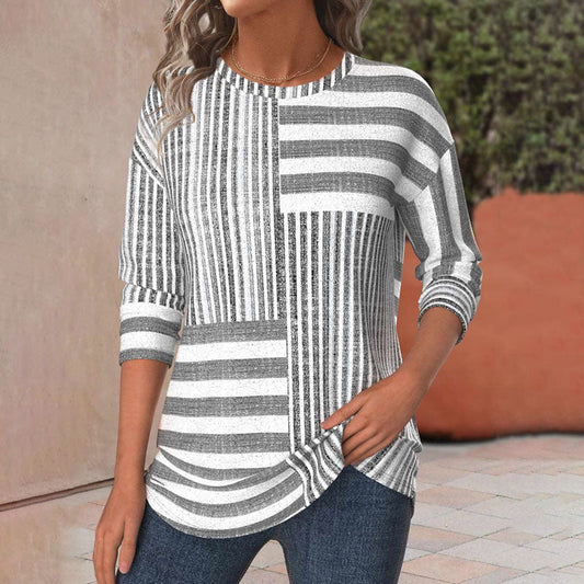 Women's Striped Blouse with Short Sleeves and Lightweight Fabric