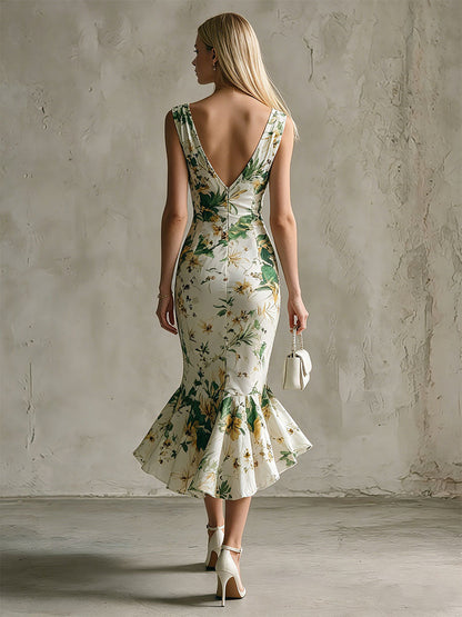 Fashionable Retro Green Printed White Chiffon Sleeveless V-Neck Ruffled Midi Dress