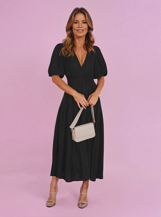 Women's V-Neck Midi Dress with Puff Sleeves and Smocked Waist