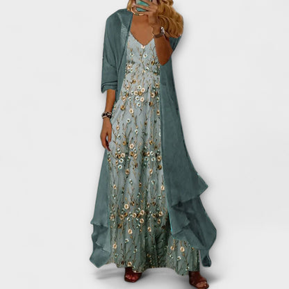 Presley | Floral Maxi Dress with Longline Cardigan and Matching Belt