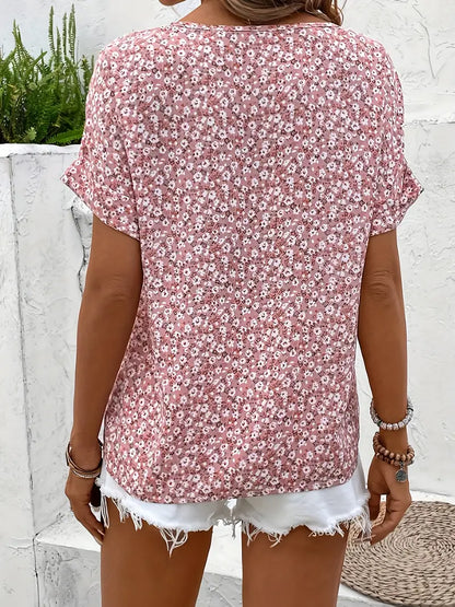 Women's Floral Print Blouse with Short Sleeves and Lightweight Fabric