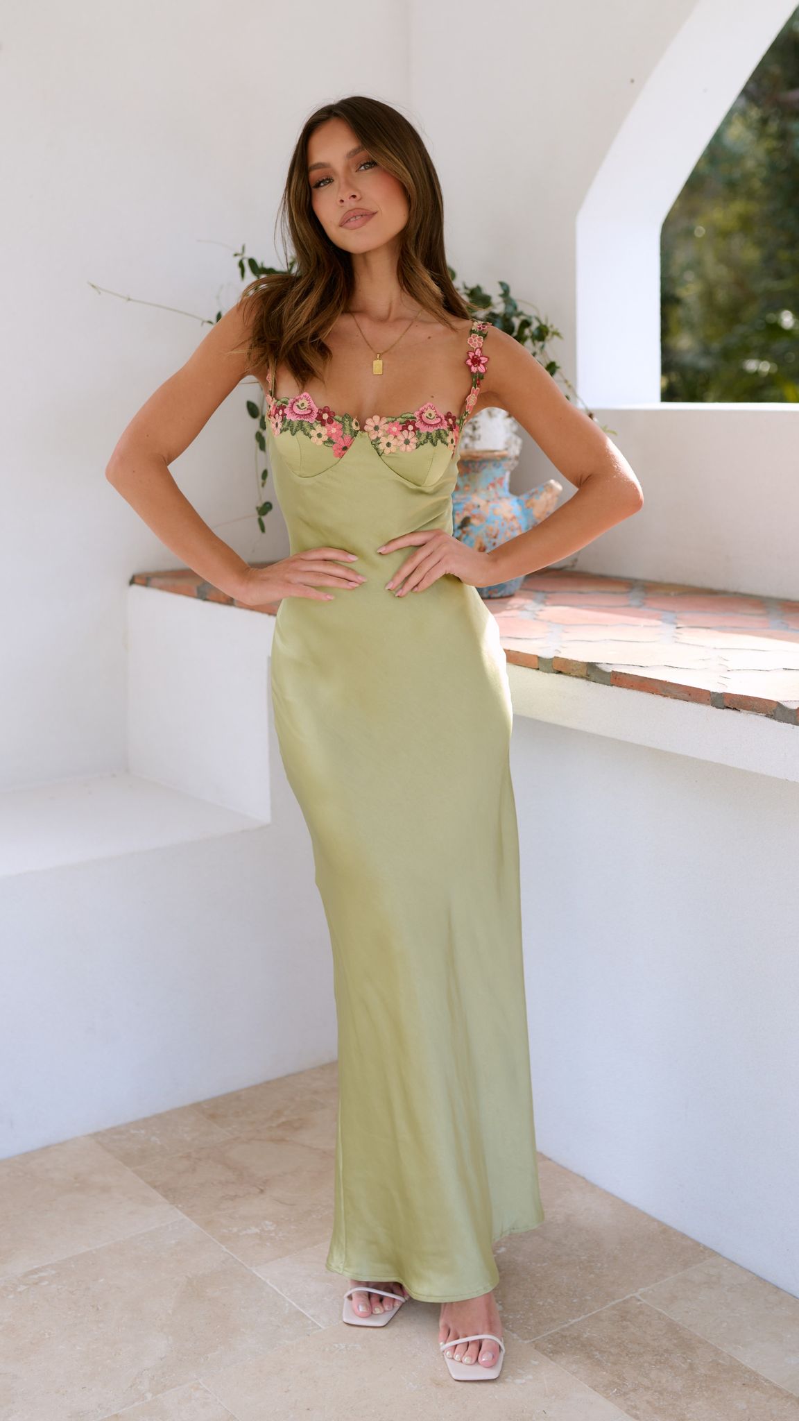 Timeless Elegant Embellished Lace Embroidery With Delicate Silk Satin Draping Dress