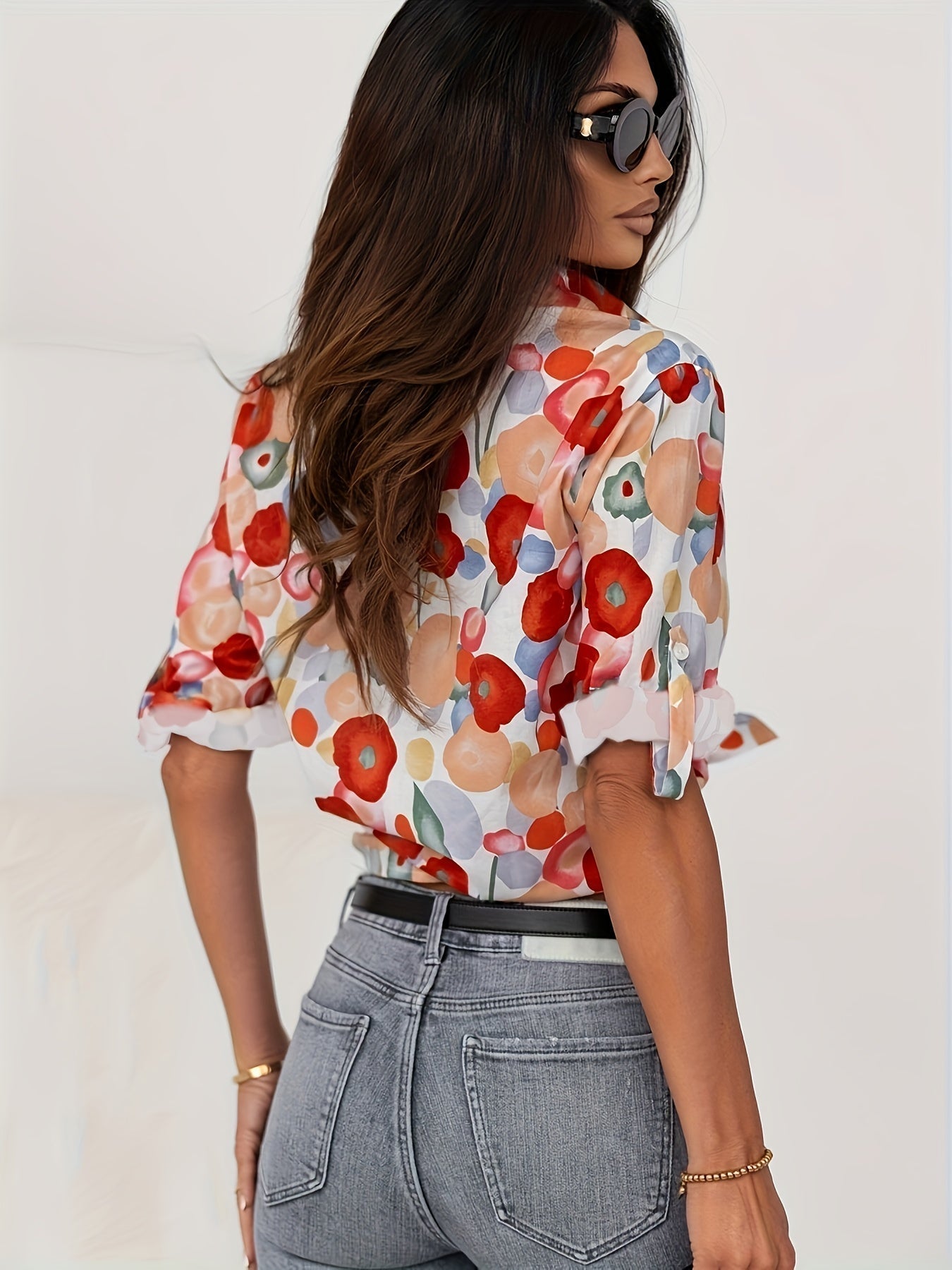 Women's Button-Down Long Sleeve Blouse with Floral Print and Versatile Style