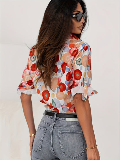 Women's Button-Down Long Sleeve Blouse with Floral Print and Versatile Style