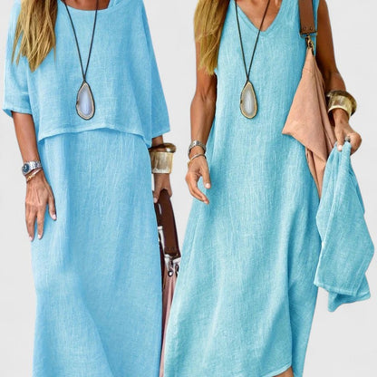 Women's Relaxed Linen Two-Piece Set: Layered Short-Sleeve Top and Sleeveless V-Neck Maxi Dress in Oatmeal Tone