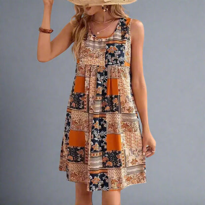 Women's Patchwork Print Mini Dress with Sleeveless Design and Casual Style