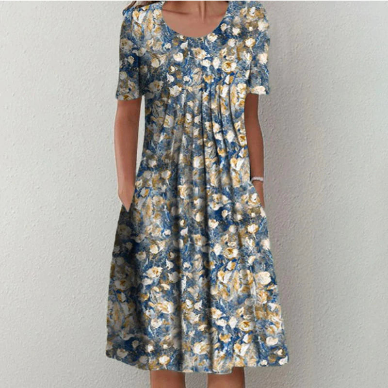 Women's Casual Floral Dress with Pockets and Short Sleeves