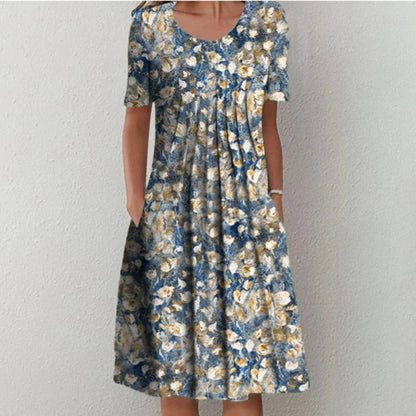 Women's Casual Floral Dress with Pockets and Short Sleeves