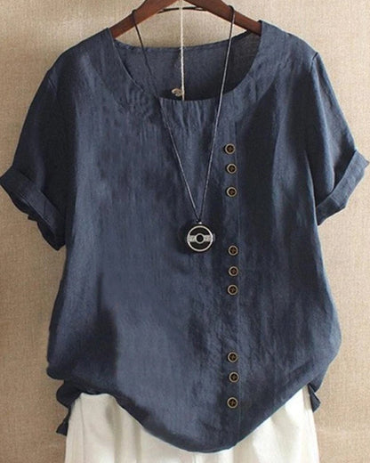 Women's Casual Short Sleeve Top with Button Front and Crew Neck