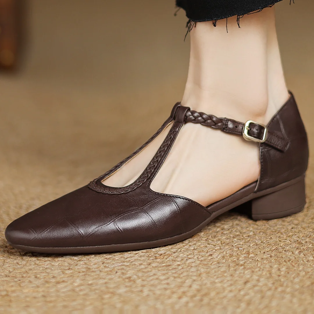 Women's T-Strap Mary Jane Flats with Pointed Toe and Classic Design