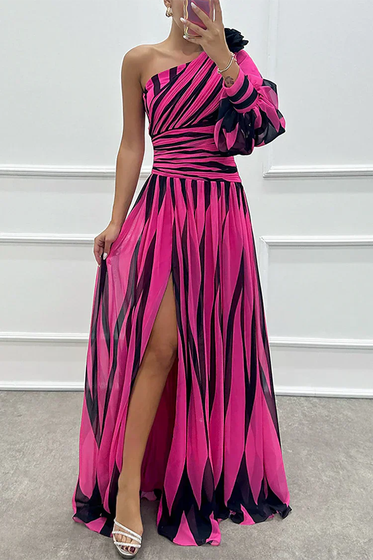 Alluring Sophisticated Pinstriped One Shoulder Sateen Weave Draped Waistline Maxi Dress