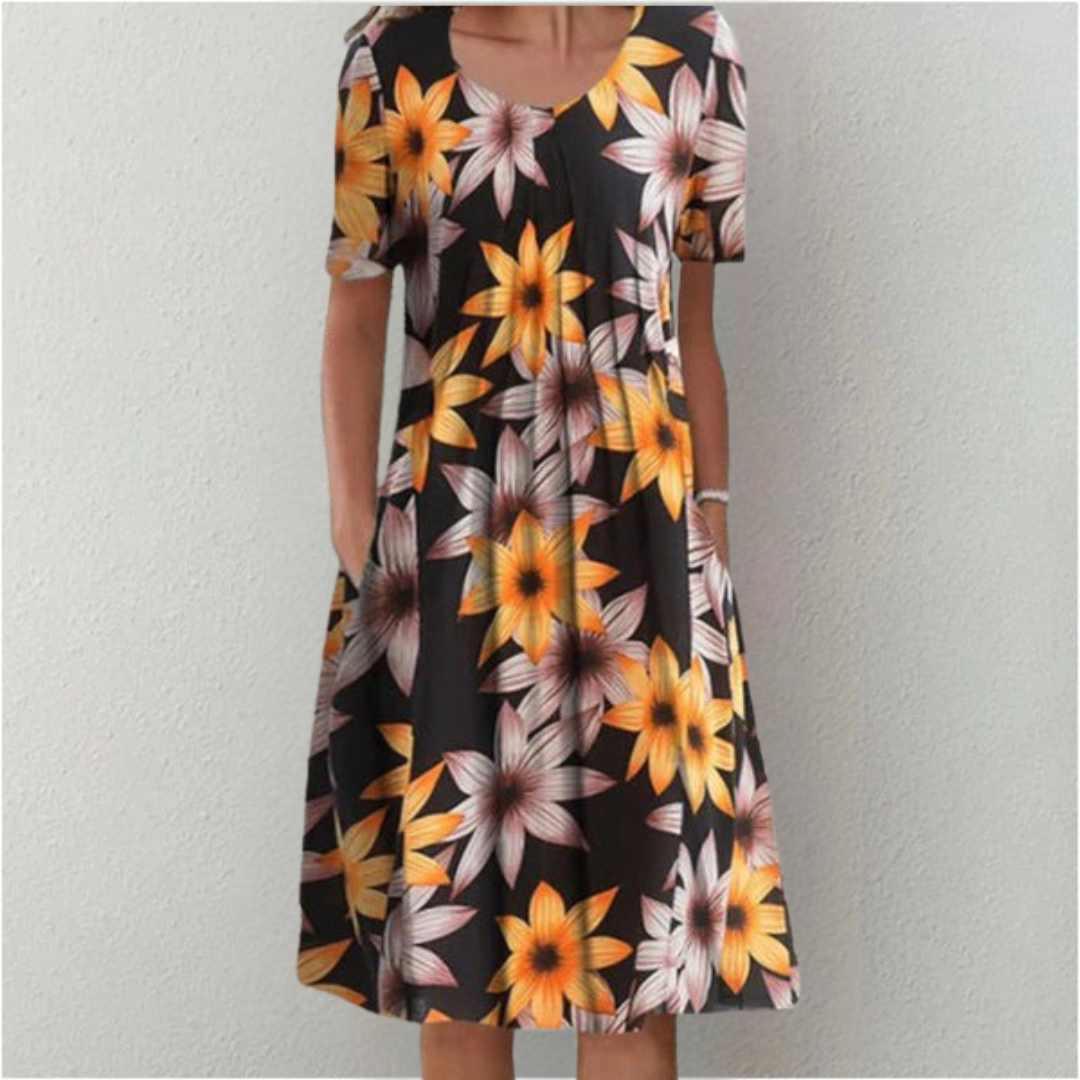 Women's Casual Floral Dress with Pockets and Short Sleeves