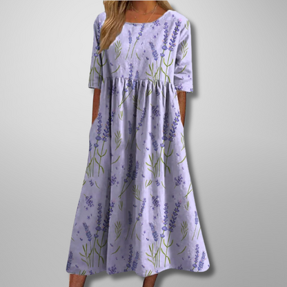 Effortlessly Sophisticated Luxurious Linen Floral Print Flowing Silhouette Midi Dress