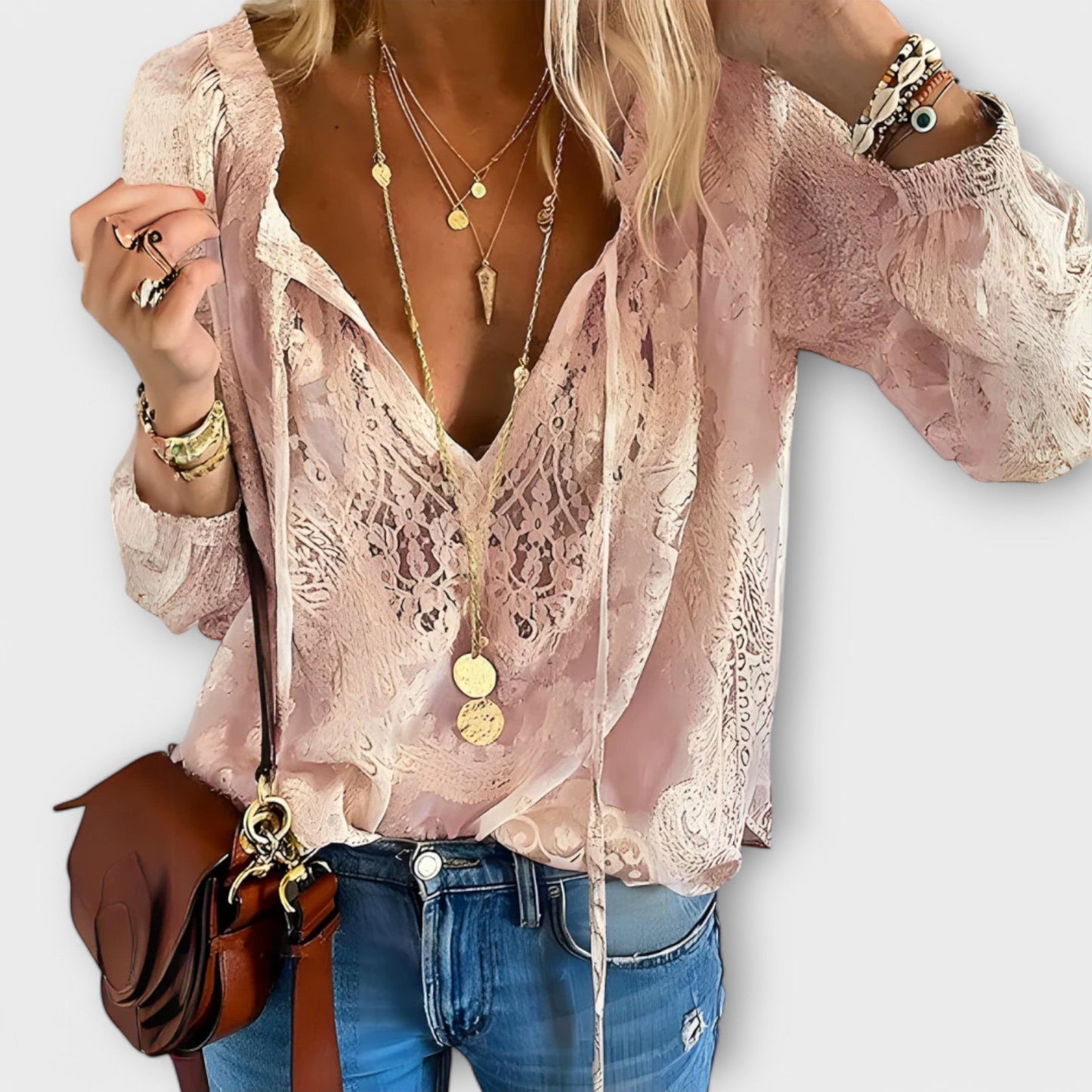 Women's Boho Lace Blouse with V-Neck and Long Sleeves