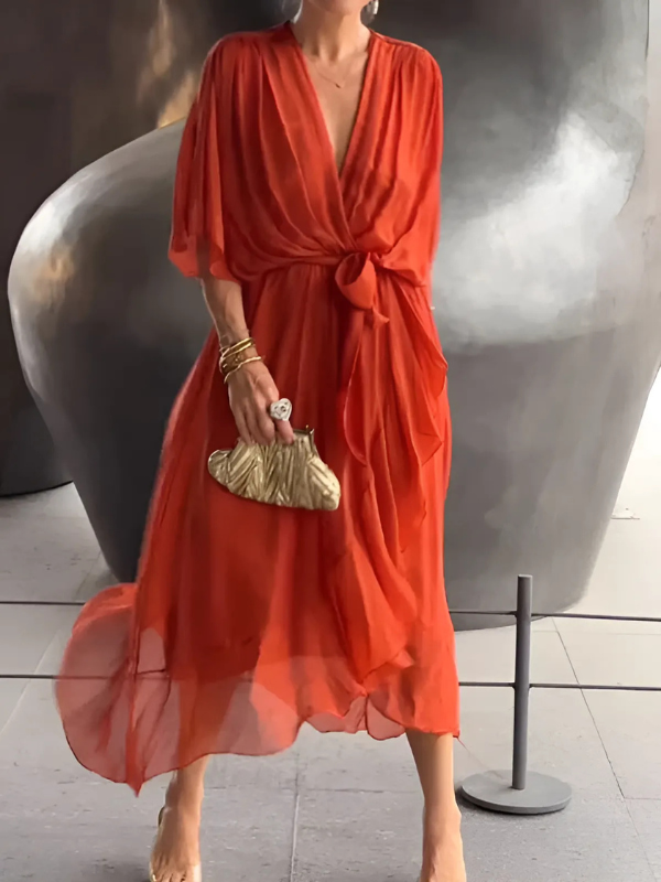 Timeless Elegant Wrap Front Georgette Chiffon Multiway Flex Draped Silhouette Midi Dress