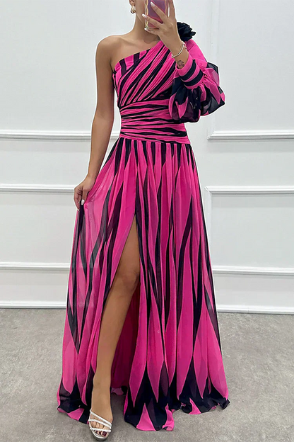 Timeless Elegant One Shoulder Asymmetric Striped Satin Flowing Evening Wear Maxi Dress