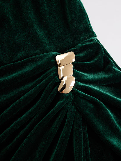 Women’s Velvet Textured Dress – Ruffled Neckline Long Sleeve Tulip Skirt Elegant Dress