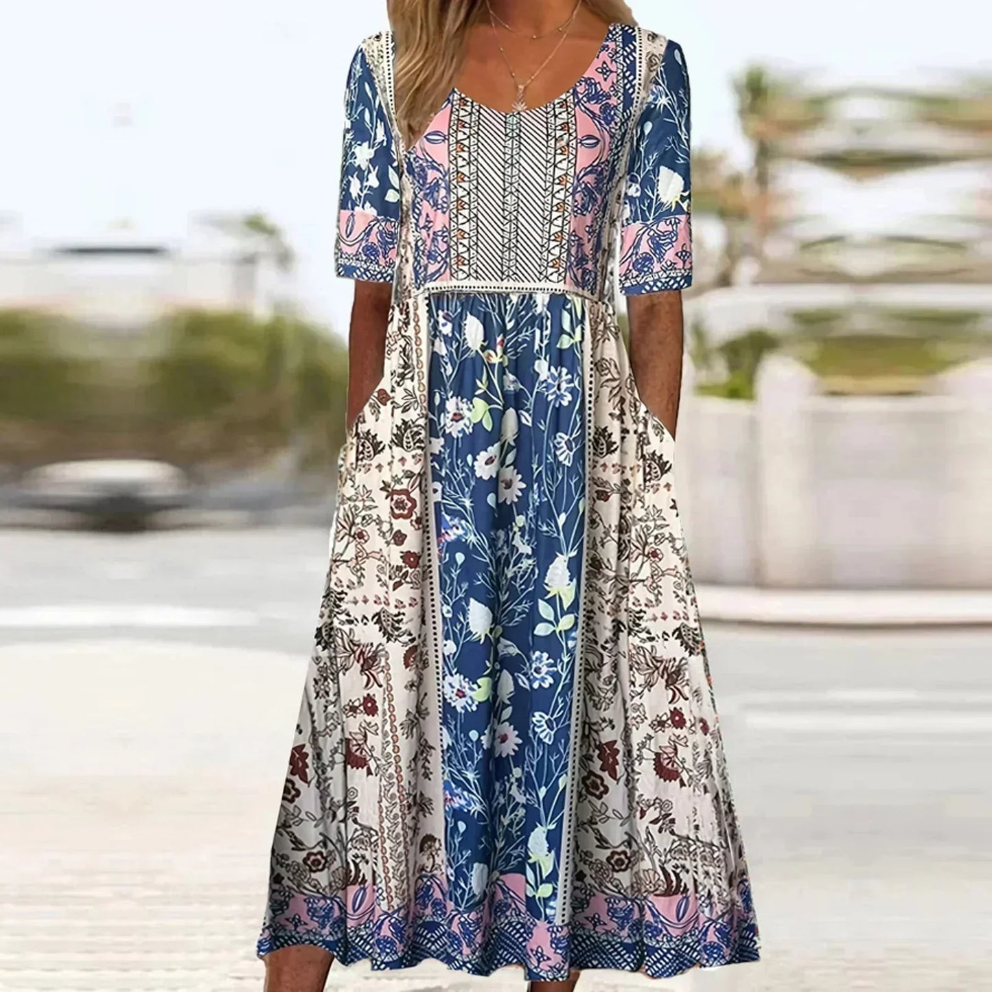 Women's Bohemian Print Dress with Round Neckline and Flowy Skirt