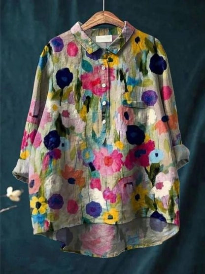 Women's Floral Blouse with Short Sleeves and Lightweight Fabric