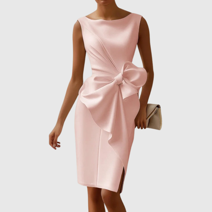 Luxurious Intricately Sculpted Bow Charmeuse Satin Cascading Draperies Midi Dress