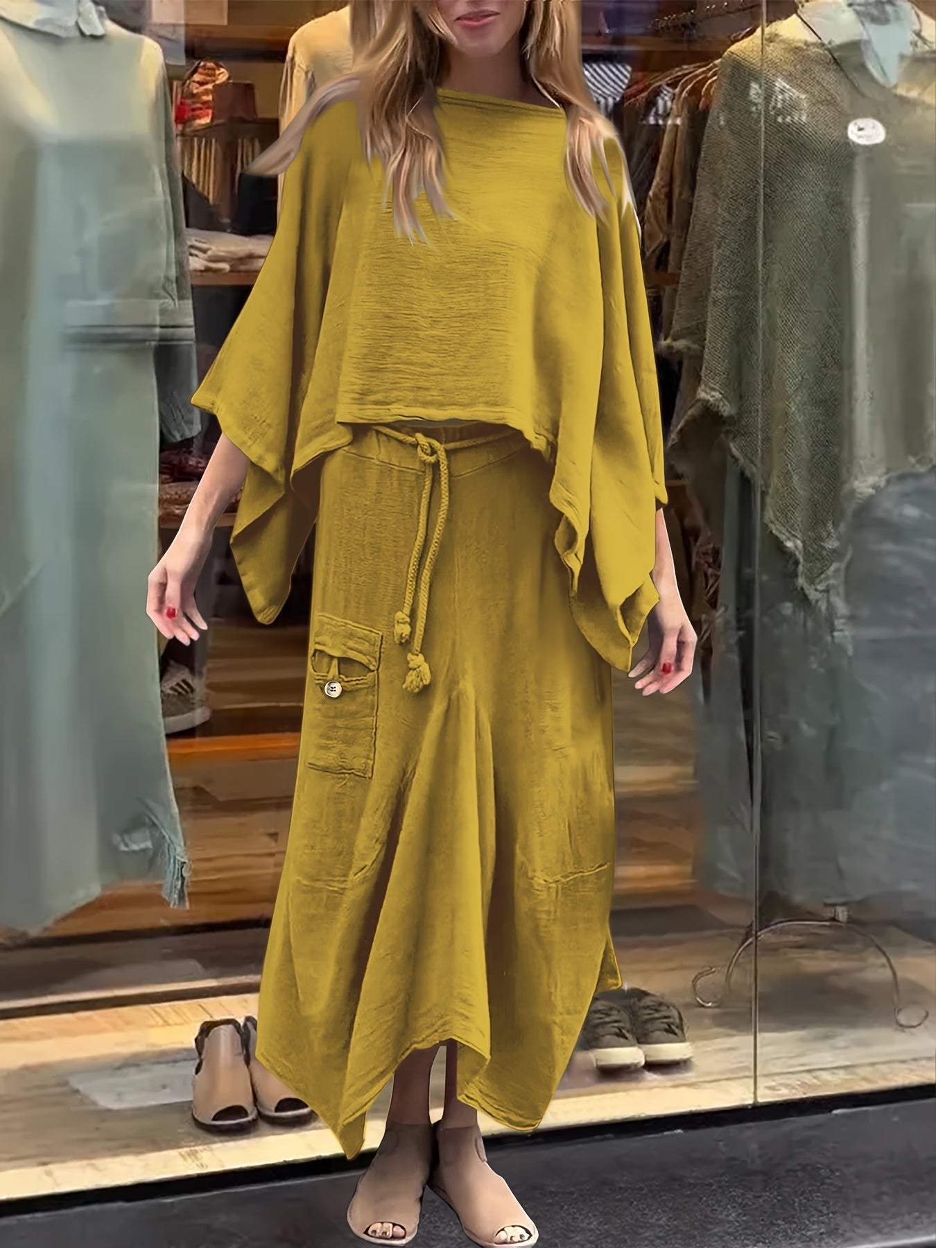 Premium Fashion Solid Color Top and Skirt Set – Casual Round Neck Two-Piece Outfit