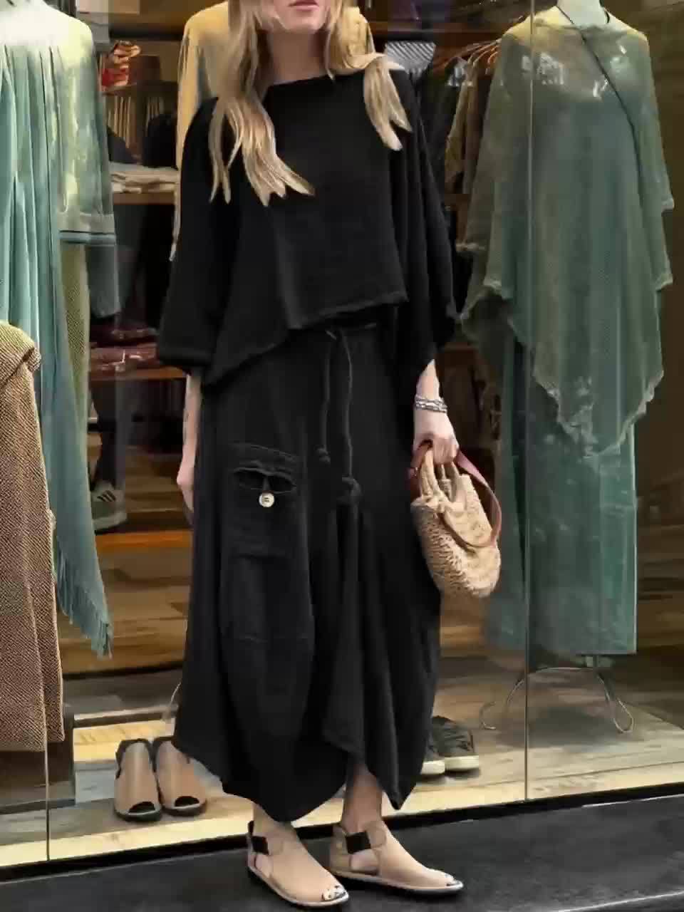 Premium Fashion Solid Color Top and Skirt Set – Casual Round Neck Two-Piece Outfit