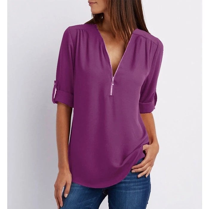 Women's Zip-Up V-Neck Half Sleeve Blouse with Versatile Style and Easy Care