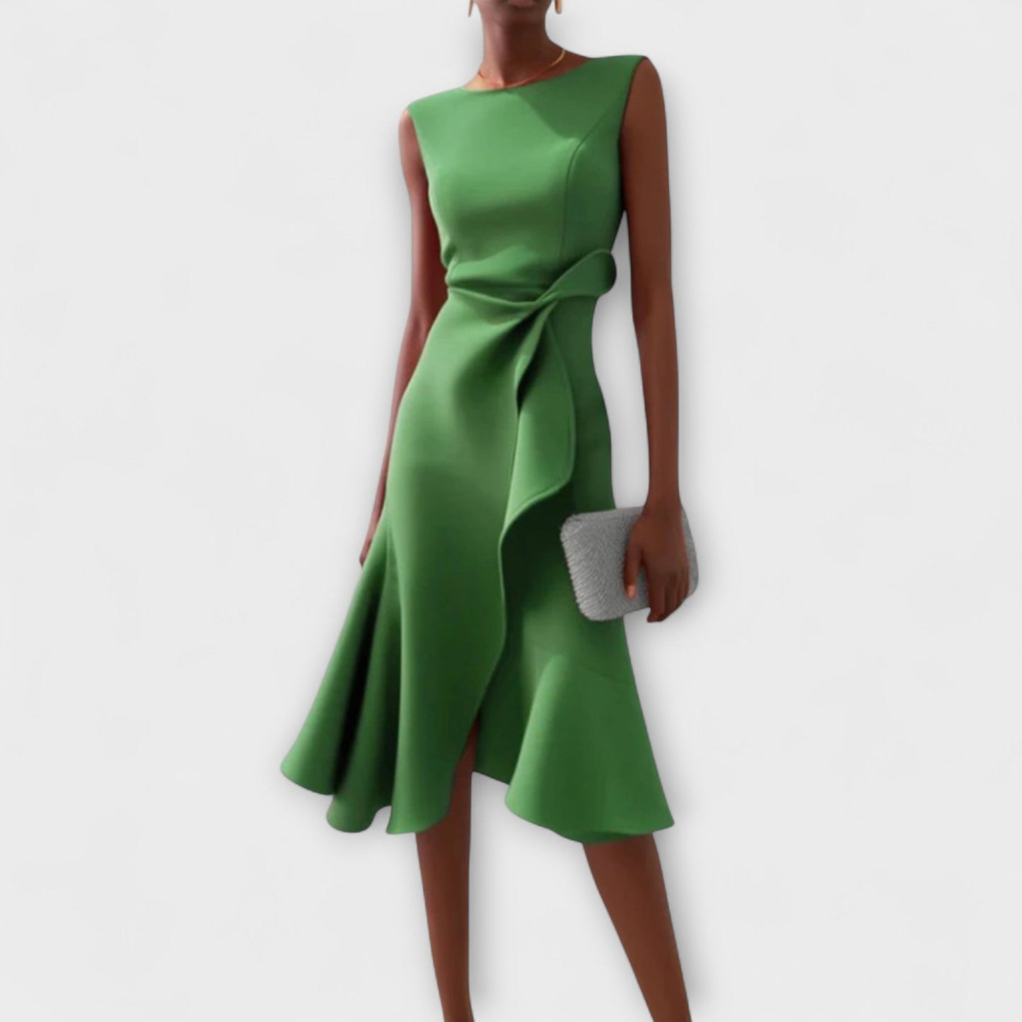 Women’s Crepe Georgette Midi Dress – Sophisticated Asymmetric Drape Sleeveless Design