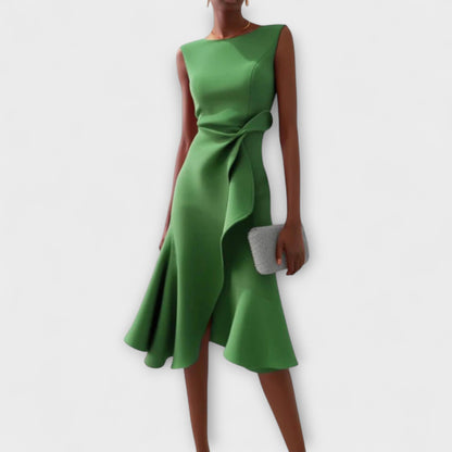 Women’s Crepe Georgette Midi Dress – Sophisticated Asymmetric Drape Sleeveless Design