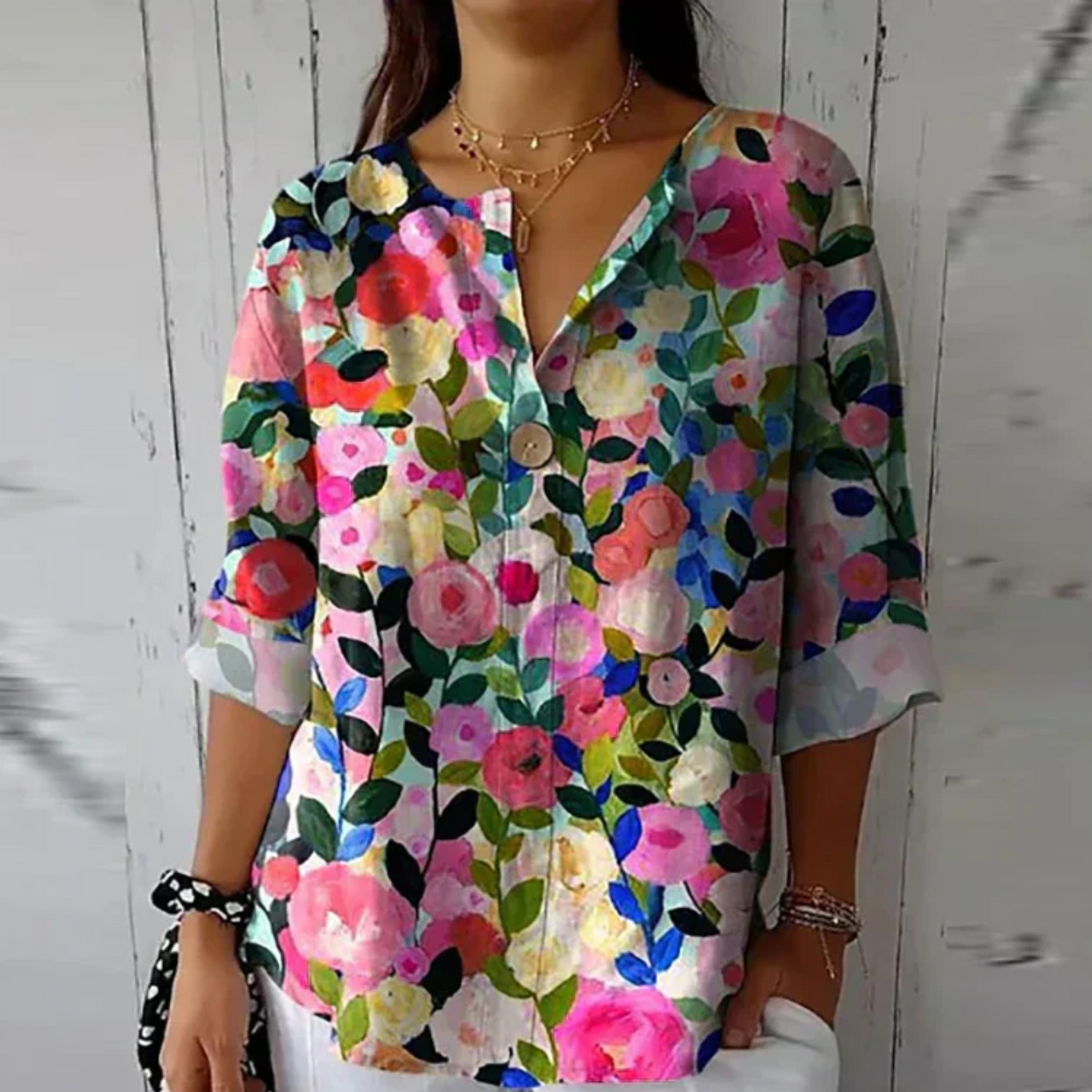 Women's Floral Print Blouse with Short Sleeves and Lightweight Fabric