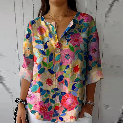 Women's Floral Print Blouse with Short Sleeves and Lightweight Fabric