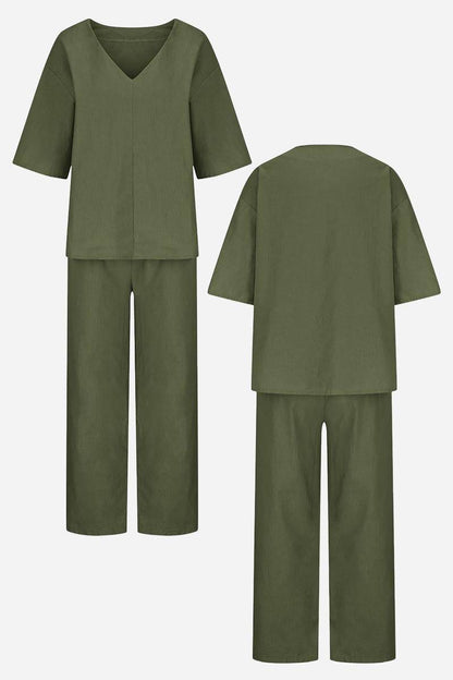 Audrey | V-Neck Batwing Top with Relaxed Fit and Straight-Leg Trousers