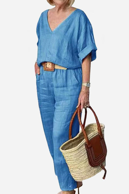 Audrey | V-Neck Batwing Top with Relaxed Fit and Straight-Leg Trousers