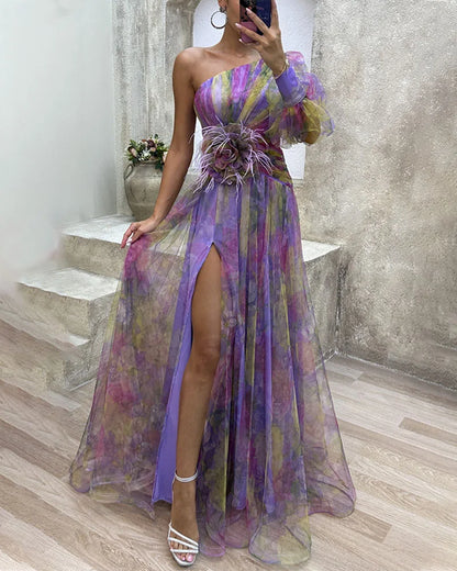 Women’s Satin Georgette Dress – Elegant Wrap Silhouette Side Slit Wedding Guest Dress