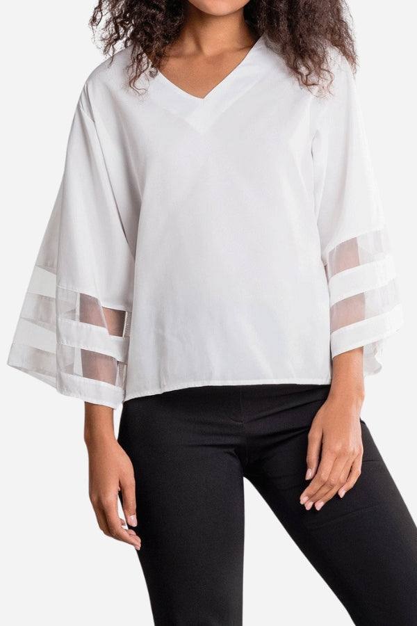 Women's V-Neck Bell Sleeve Blouse with Mesh Panel and Elegant Design